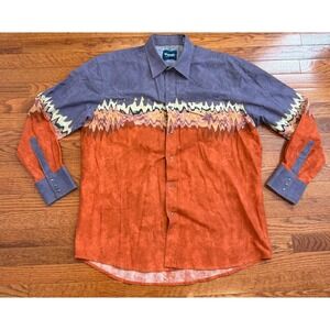 Vintage Wrangler Western Shirt Pearl Snap Mens XL Orange Purple Southwest Navajo